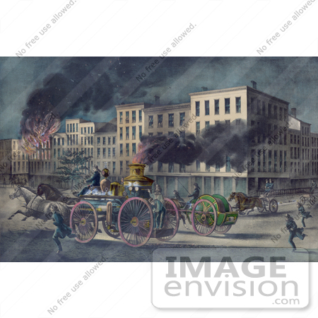 #20712 Stock Photography of Horses Pulling Firemen on a Horse Drawn Fire Engine Carriage, on Their Way to Extinguish a City Fire by JVPD