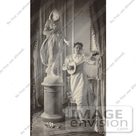 #20713 Stock Photography of a Woman, Miss Apperson, Dancing and Playing a Banjo by a Statue of Flora by JVPD