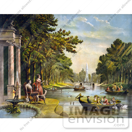 #20725 Stock Photography of Marquis de Lafayette, Wife and Dog Watching People in Boats and Swans by JVPD