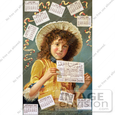 #20733 Stock Photography of a Curly Haired Girl Surrounded by Calendars in 1889 by JVPD