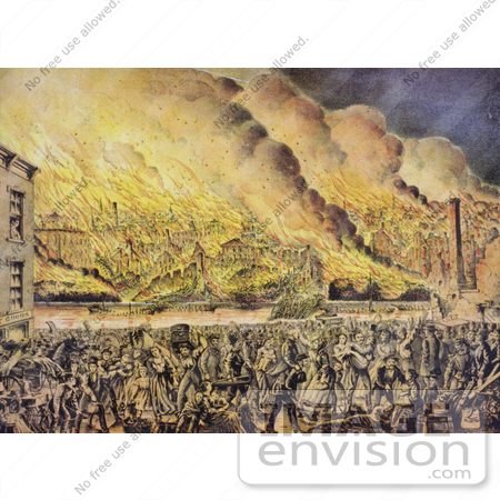 #20740 Stock Photography of Flames Engulfing the City During the Great Chicago Fire on October 9th 1871 by JVPD