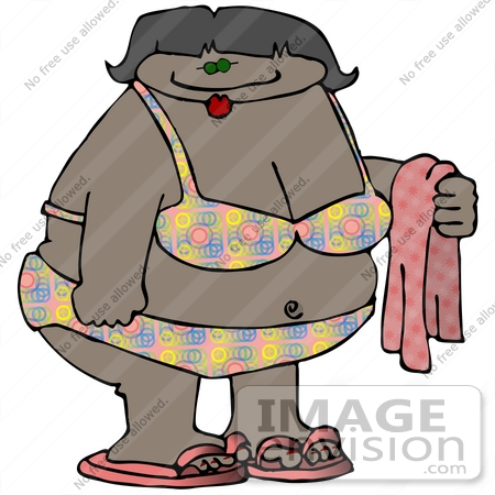 #20747 Clipart of a Chubby African American Woman in a Bikini, Holding a Towel by DJArt