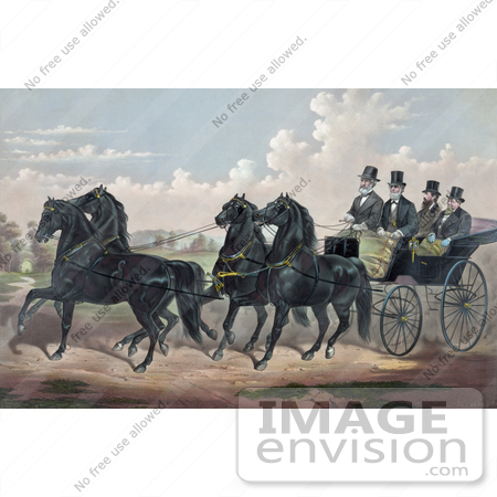 #20757 Stock Photography of a Man and His Three Sons in a Carriage Being Pulled by Four Beautiful Black Horses by JVPD