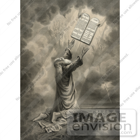 #20777 Stock Photography of Moses Kneeling While Receiveing the Tablets of the Ten Commandments From God by JVPD