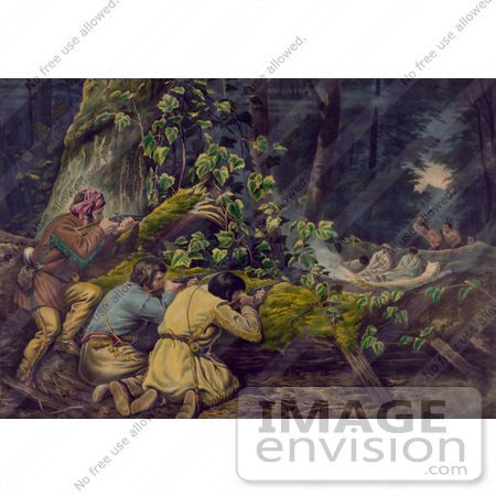 #20782 Stock Photography of Native American and Frontier Men Aiming Rifles at Native Americans While They Fall For a Trick in a Forest by JVPD
