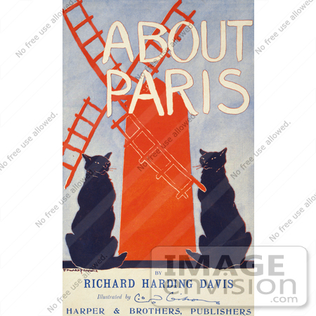#20813 Stock Photography of Two Black Cats and a Red Windmill on the Cover of a Book, About Paris by JVPD