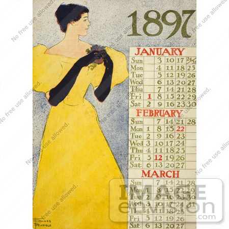 #20823 Stock Photography of a Woman in a Yellow Dress Standing by Calendars of January, February and March of 1897 by JVPD