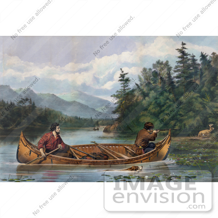 #20829 Stock Photography of a Hunting Dog Swimming by a Rowboat With Two Men, One Aiming a Rifle at a Deer by JVPD
