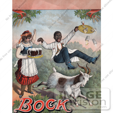 #20832 Stock Photography of a Vintage Advertisement for Bock Beer Showing a Billy Goat Bumping Into a Waiter Who Spills His Beers by JVPD