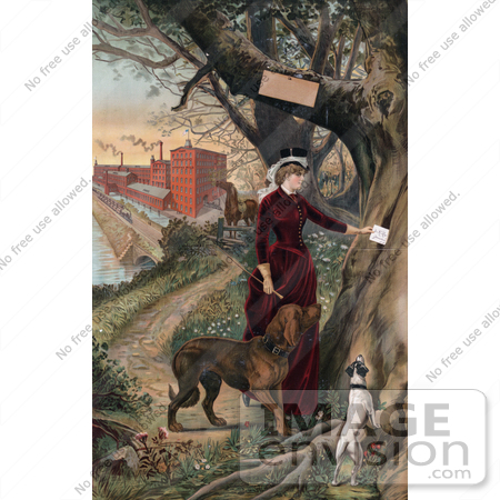 #20837 Stock Photography of a Woman in Horseback Riding Clothes, Putting a Note in a Tree, Her Dogs Beside Her and Horse and Mill in the Background by JVPD