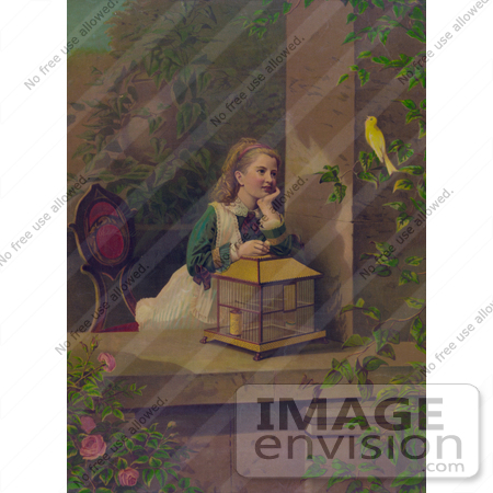 #20872 Stock Photography of a Little Girl Resting on a Birdcage, Looking at the Bird That Escaped by JVPD