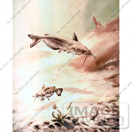 Clipart Image Illustration of Channel Catfish Swimming by a Crawdad and  Fishing Hook, #20984 by JVPD