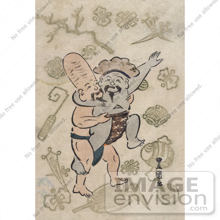 #21018 Stock Photography of Two of the Seven Lucky Gods, Daikoku and and Fukurokuju, Engaged in a Sumo Wrestling Match by JVPD