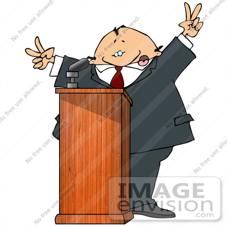 #21036 Silly Man at a Podium Giving a Passionate Public Speech and Gesturing Peace Symbols People Clipart by DJArt
