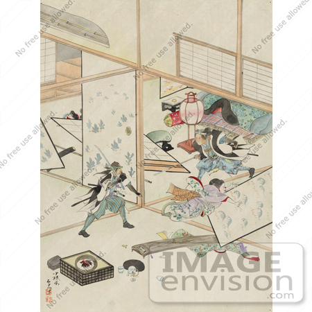 #21052 Stock Photography of Two Samurai Men Wrecking the Interior of a House During a Sword Fight by JVPD