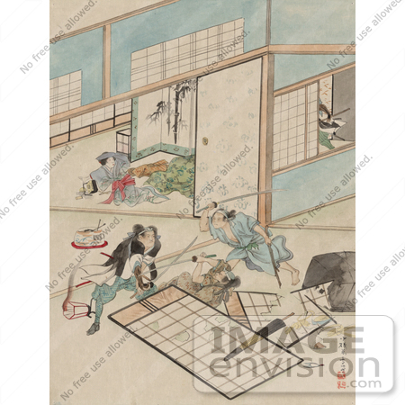 #21068 Stock Photography of Three Samurai Warriors Combating in a Building by JVPD