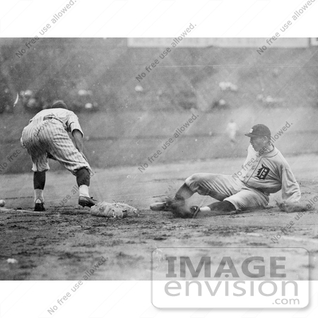 #21130 Stock Photography of a Baseball Player Sliding for Third Base as a Fielder Reaches for the Ball by JVPD