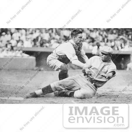 #21135 Stock Photography of Bing Miller Being Tagged Out at Home Plate by Muddy Ruel During a Baseball Game in 1925 by JVPD