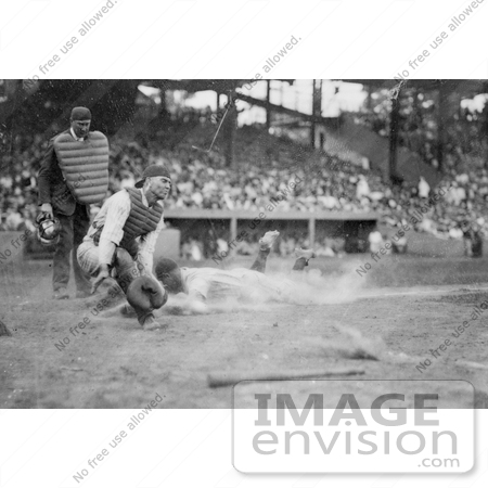 #21152 Stock Photography of Lou Gehrig Sliding For Home Plate While Catcher Hank Severeid Waits For the Ball by JVPD