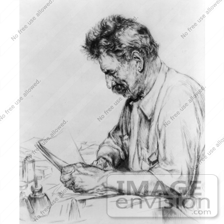 #21198 Stock Photography of Albert Schweitzer Holding Papers and Sitting at a Desk by JVPD