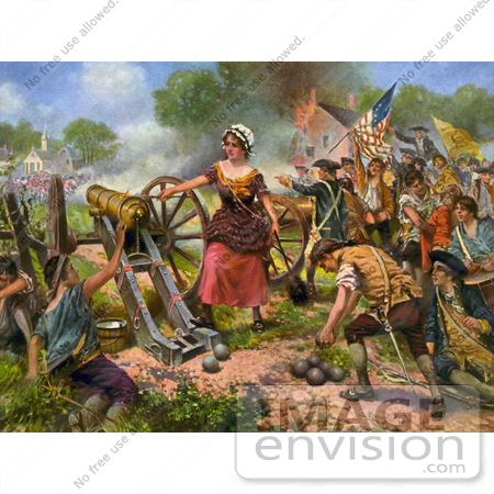 #21284 Stock Photography of the Color Version of Molly Pitcher Firing a Cannon at the Battle of Monmouth During the Battle of Monmouth of the American Revolutionary War, 1778 by JVPD