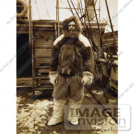 #21305 Stock Photography of Robert Edwin Peary Wearing Fur Clothing and Standing on the Deck of a Ship by JVPD