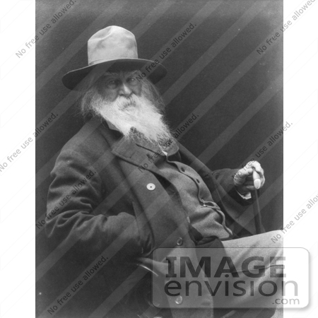 #21370 Historical Stock Photography of Walt Whitman Wearing a Hat, Sitting and Resting, One Hand on His Cane, The Other in His Pocket by JVPD