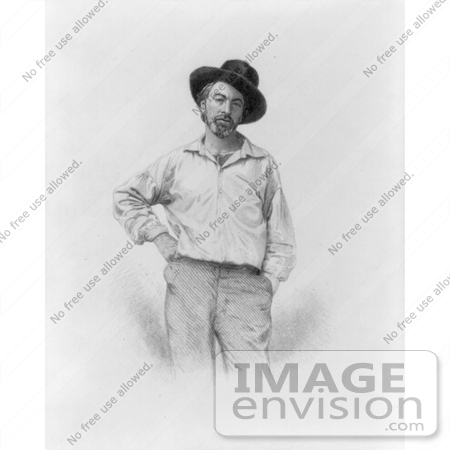 #21373 Historical Stock Photography of Walt Whitman at 37 Years Old, Wearing a Hat, One Hand on His Hip, The Other in His Pocket by JVPD