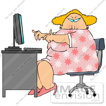 #21404 Chubby Blond Woman in a Pink Floral Dress Working on a Computer Clipart by DJArt