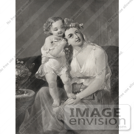 #21434 Historical Stock Photography of a Happy Little Girl Standing in Her Mom’s Lap and Putting Flowers in Her Hair by JVPD
