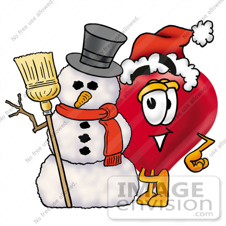 #21485 Clip Art Graphic of a Red Love Heart Cartoon Character With a Snowman on Christmas by toons4biz