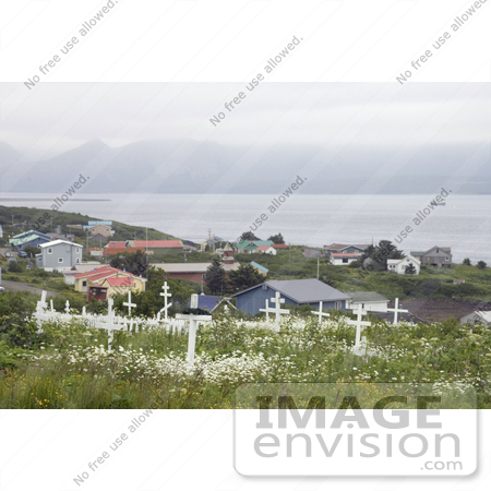#21541 Stock Photography of a Cemetery and Coastal Homes at Sand Point, Alaska by JVPD