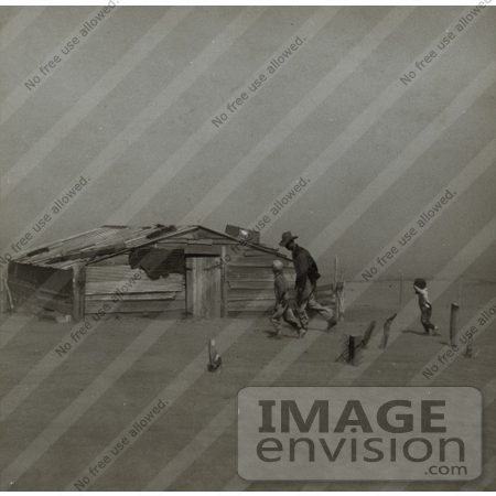 #21598 Stock Photography of a Farmer and Sons Walking Past a Building During a Sand Storm, 1936 by JVPD