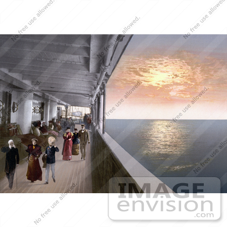 #21606 Stock Photography of People Strolling on the Promenade Deck of a Steamship at Sunset by JVPD