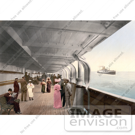 #21607 Stock Photography of People on Benches and Strolling on the Promenade Deck of the Maria Theresia Steamship, North German Lloyd, Royal Mail Steamers by JVPD