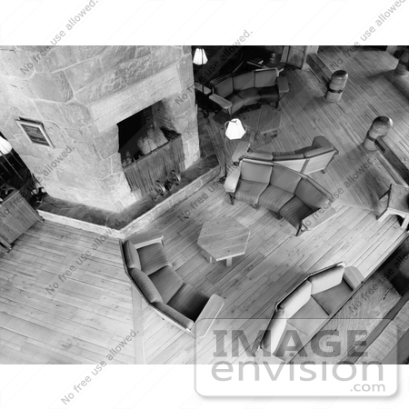 #21609 Stock Photography of Couches and Tables Surrounding the Fireplace in the Lobby at the Timberline Lodge, Oregon by JVPD