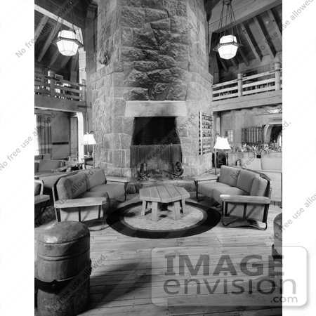 #21613 Stock Photography of the Lobby With Couches and Fireplace at Timberline Lodge, Oregon by JVPD