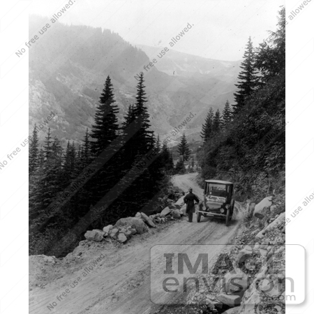 #21616 Historical Stock Photography of a Man Standing by a Car on the Detroit Electric Automobile From Seattle to Mt Rainier Tour, Washington 1919 by JVPD
