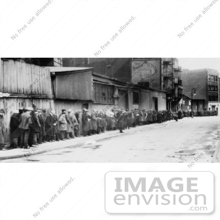 #21703 Stock Photography of People in a Long Breadline at the McCauley Water Street Mission under the Brooklyn Bridge, New York, During the Great Depression by JVPD