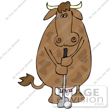 #21706 Clipart of a Humanlike Brown Cow Golfing by DJArt
