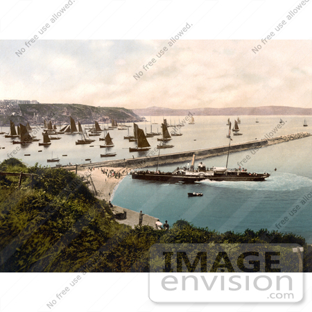#21713 Historical Stock Photography of a Steamship and Sailboats in the Harbour, Brixham, Devon, England, United Kingdom by JVPD