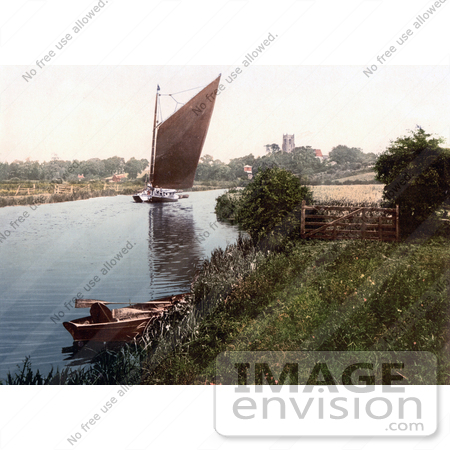 #21714 Historical Stock Photography of a Sailboat on the River Bure in Belaugh, Norfolk, England by JVPD