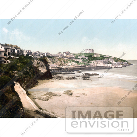 #21715 Historical Stock Photography of Buildings on the Cliffs Above the Beach in Newquay, Cornwall, England, United Kingdom by JVPD