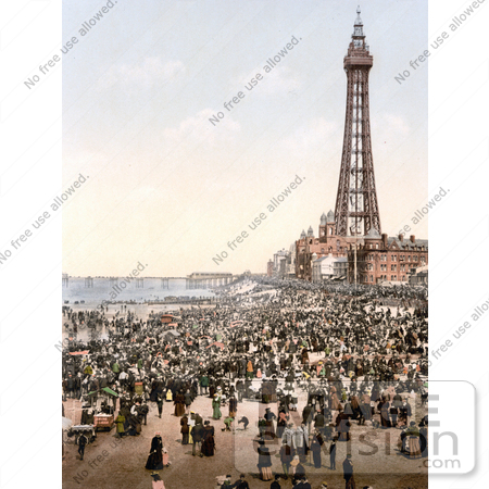 #21726 Historical Stock Photography of the Busy Beach, North Pier and Royal Hotel Near the Tower in Blackpool, Lancashire, England by JVPD