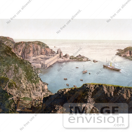 #21729 Historical Stock Photography of Ships Down Below in the Creux Harbor in Sark, Channel Islands, England by JVPD