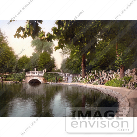 #21741 Historical Stock Photography of a Footbridge Over the Pond in Pittville Gardens, Cheltenham, Gloucestershire, England by JVPD