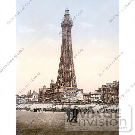 #21762 Historical Stock Photography of People Strolling on the Beach Near the Blackpool Tower in Blackpool, Lancashire, England by JVPD