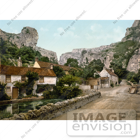 #21764 Historical Stock Photography of the Lion Rock Cliffs and Village Buildings of Cheddar, England by JVPD