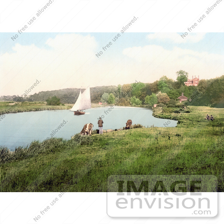 #21765 Historical Stock Photography of a Sailboat on the River Yare, a sailboat in the background, Bramerton, South Norfolk, England by JVPD