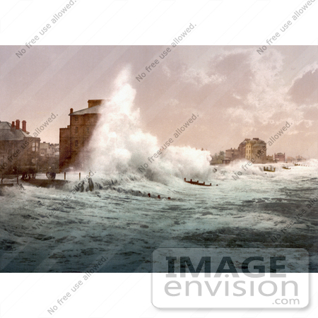 #21767 Historical Stock Photography of Rough Sea Waves From a Storm Crashing up Against Seafront Buildings, Bognor, England by JVPD